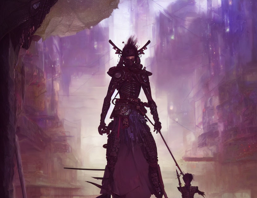 Warrior in ornate armor with spear in futuristic cityscape