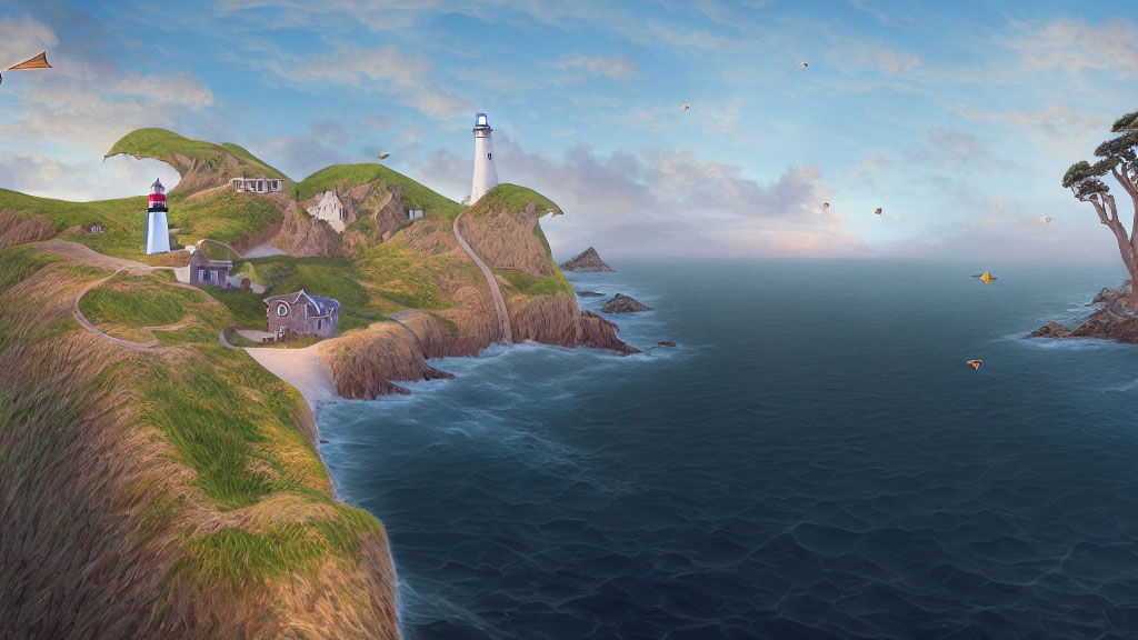 Tranquil seascape with lighthouse, cliff, paths, houses, and flying creatures