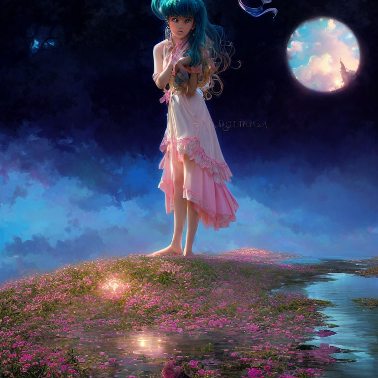 Fantasy illustration of girl with blue hair on flowery path under moonlit sky