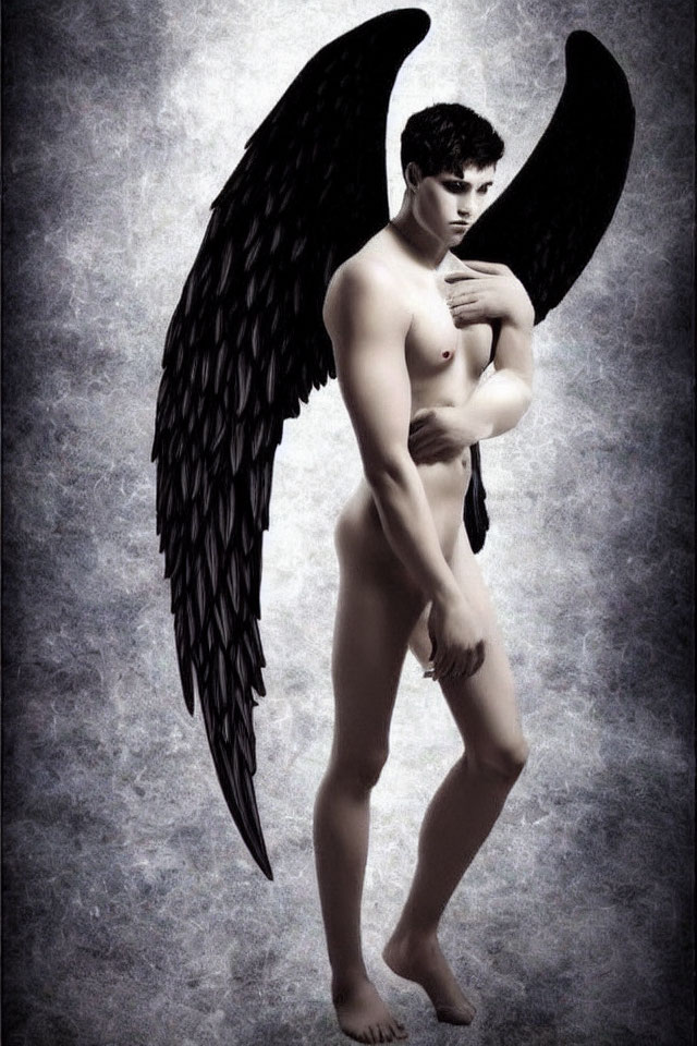 Male figure with large black wings in digital art against grey background