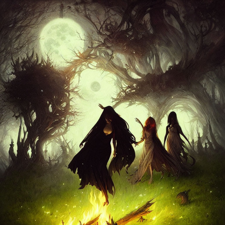 Mystical forest scene with robed figures and glowing moon