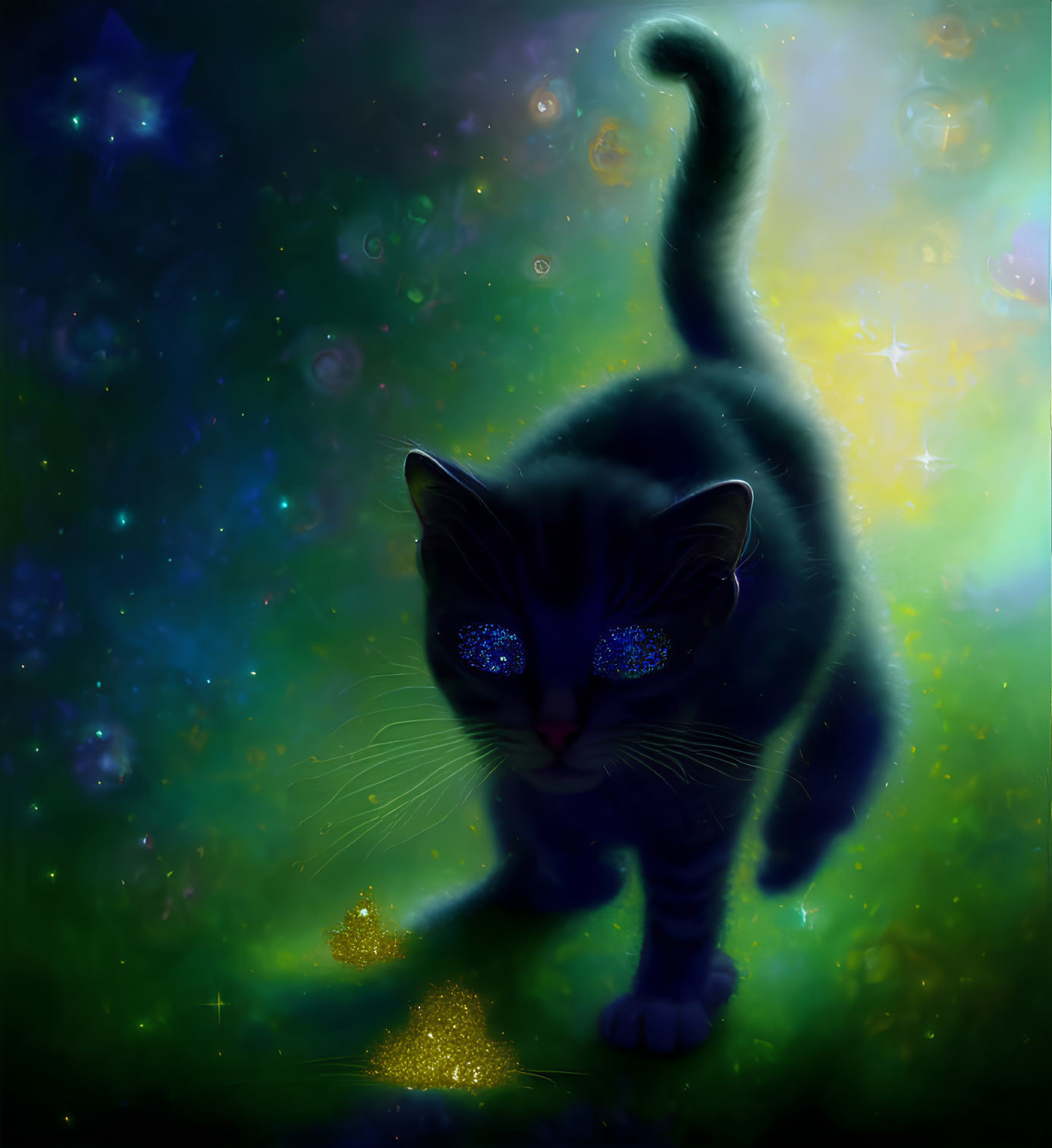 Cosmic-themed cat illustration with starry eyes and nebula background