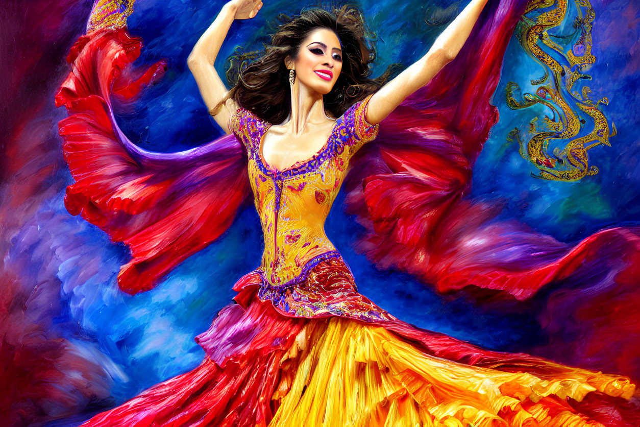 Colorful Flamboyant Dress Dancer on Abstract Blue Background