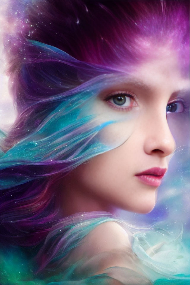 Fantasy portrait with purple hair, cosmic backdrop, and feather accents