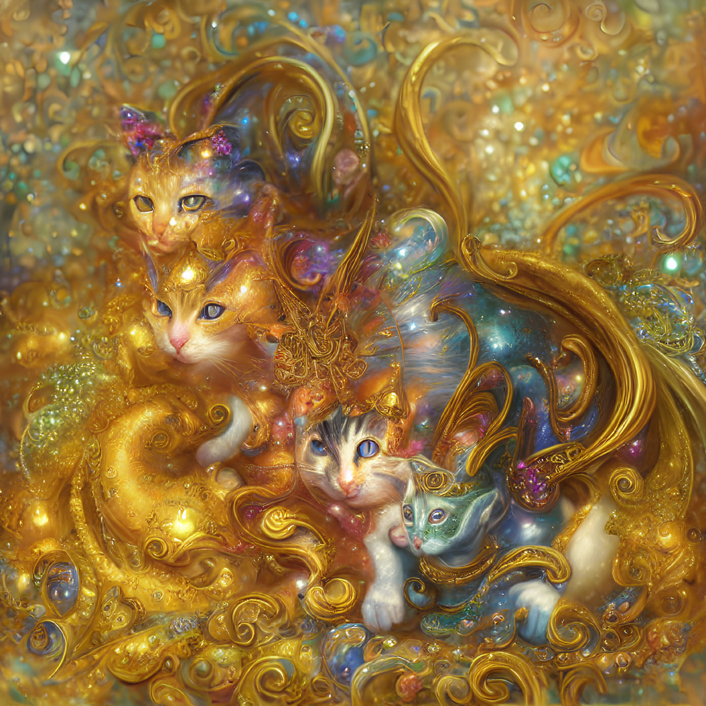 Vibrant fantastical cats with golden embellishments on glittery background