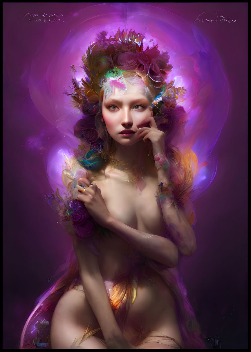 Ethereal woman portrait with flower petals and colorful aura