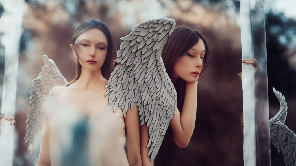 Ethereal figures with angel wings in reflective outdoor scene