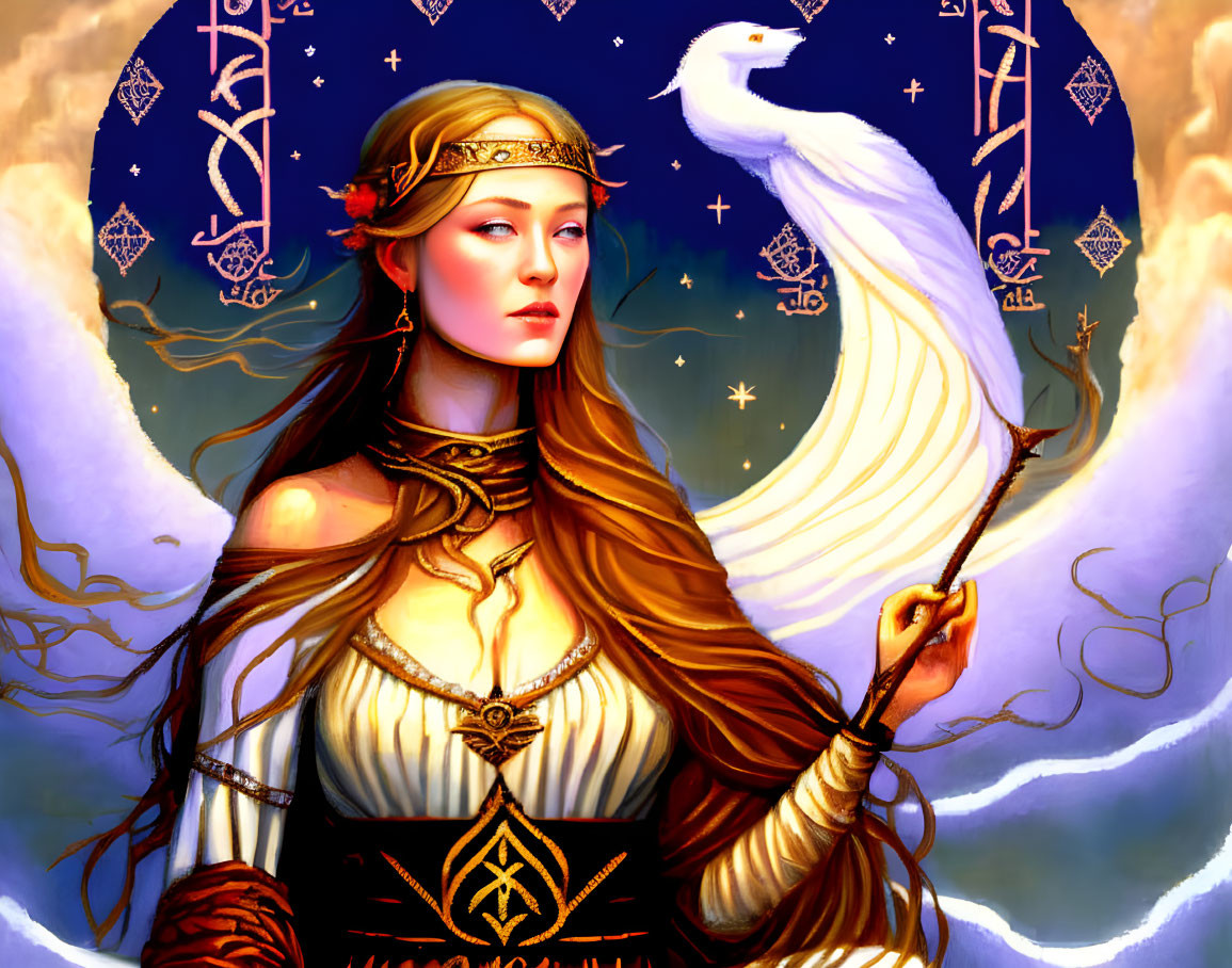 Ethereal woman in golden attire with bird on staff against celestial backdrop