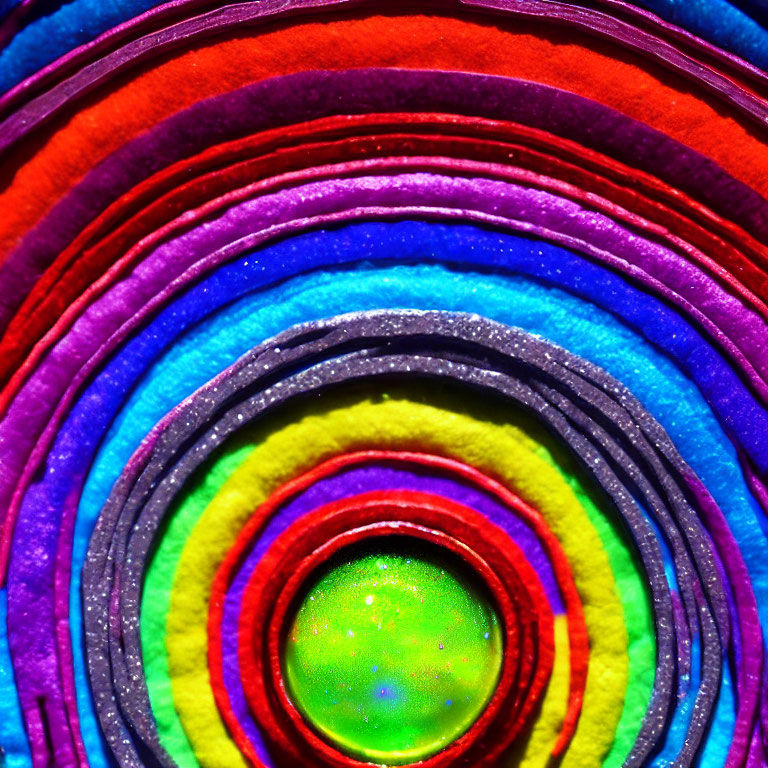 Colorful Glittery Paper Layers in Rainbow Circles with Green Sparkling Center