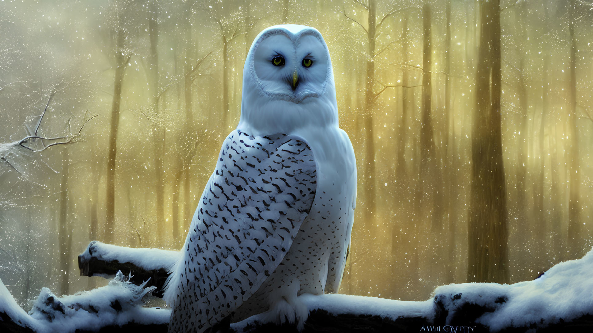 Snowy Owl Perched on Snow-Covered Branch in Winter Forest