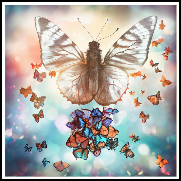 Transparent-winged butterfly surrounded by colorful companions on bokeh background