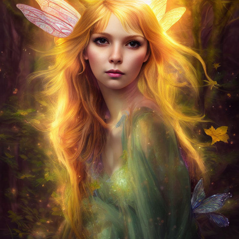 Digital artwork: Fairy with glowing wings in mystical forest, striking gaze, butterflies, luminous hair