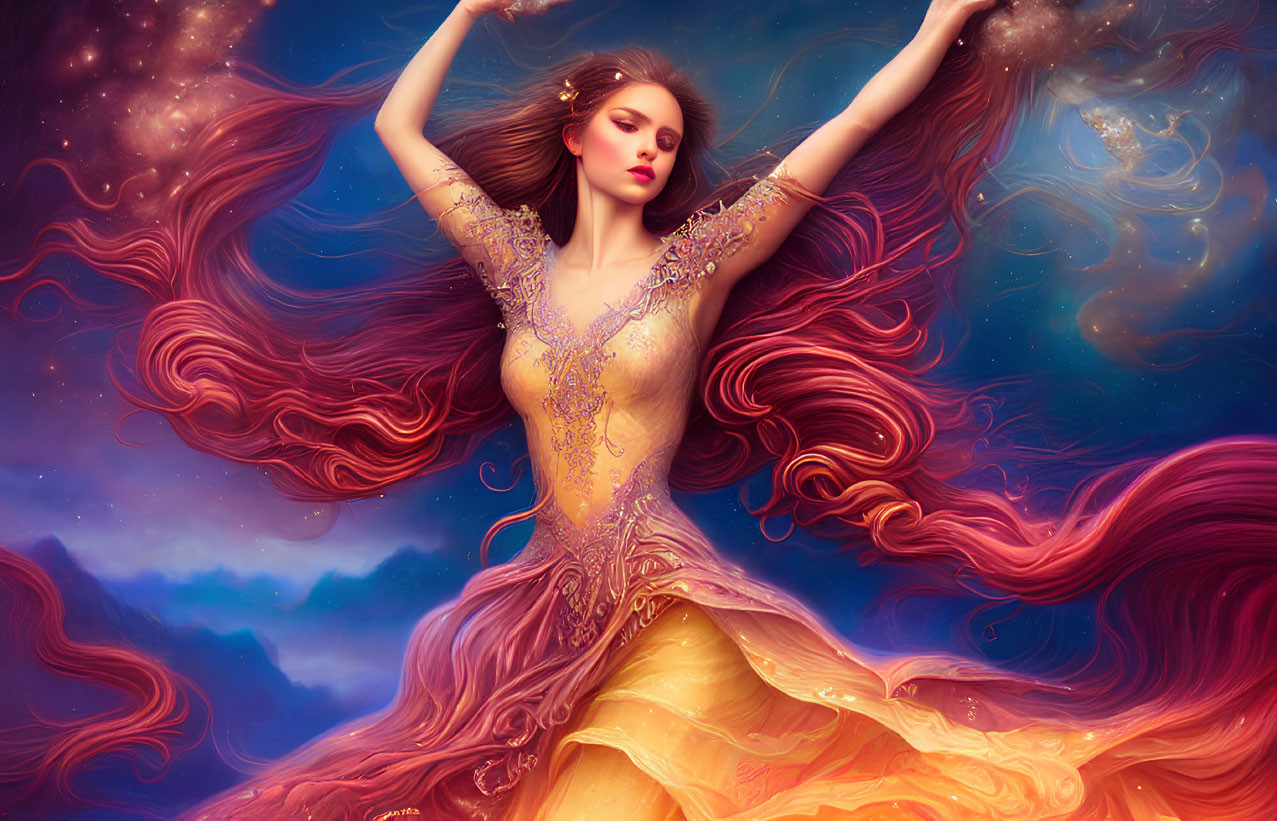 Vibrant digital artwork of a woman in cosmic colors with flowing hair and dress