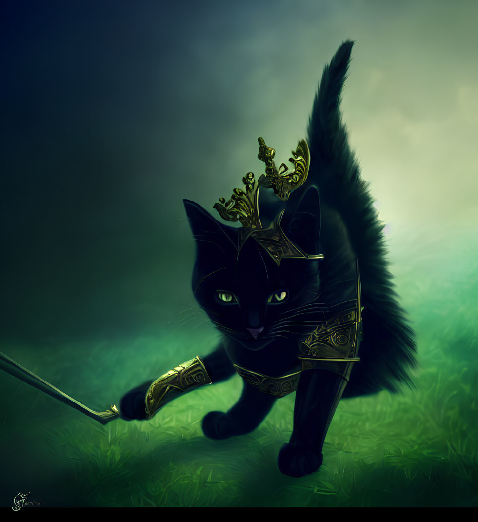 Majestic black cat with golden crown and sword in mystical green setting