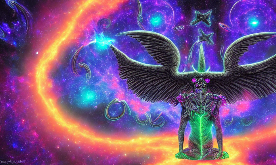 Mystical winged creature with glowing green torso in cosmic setting