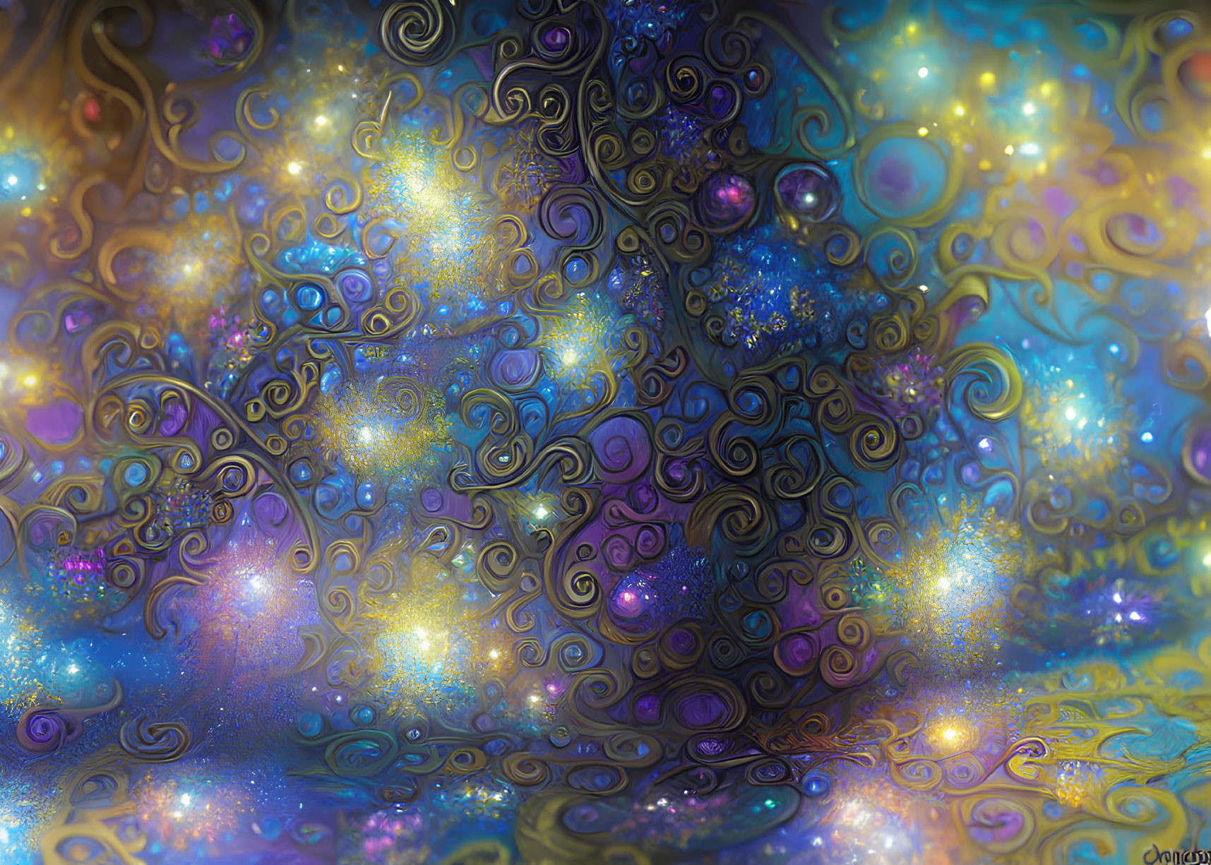 Blue and Gold Swirls Digital Artwork with Celestial Theme