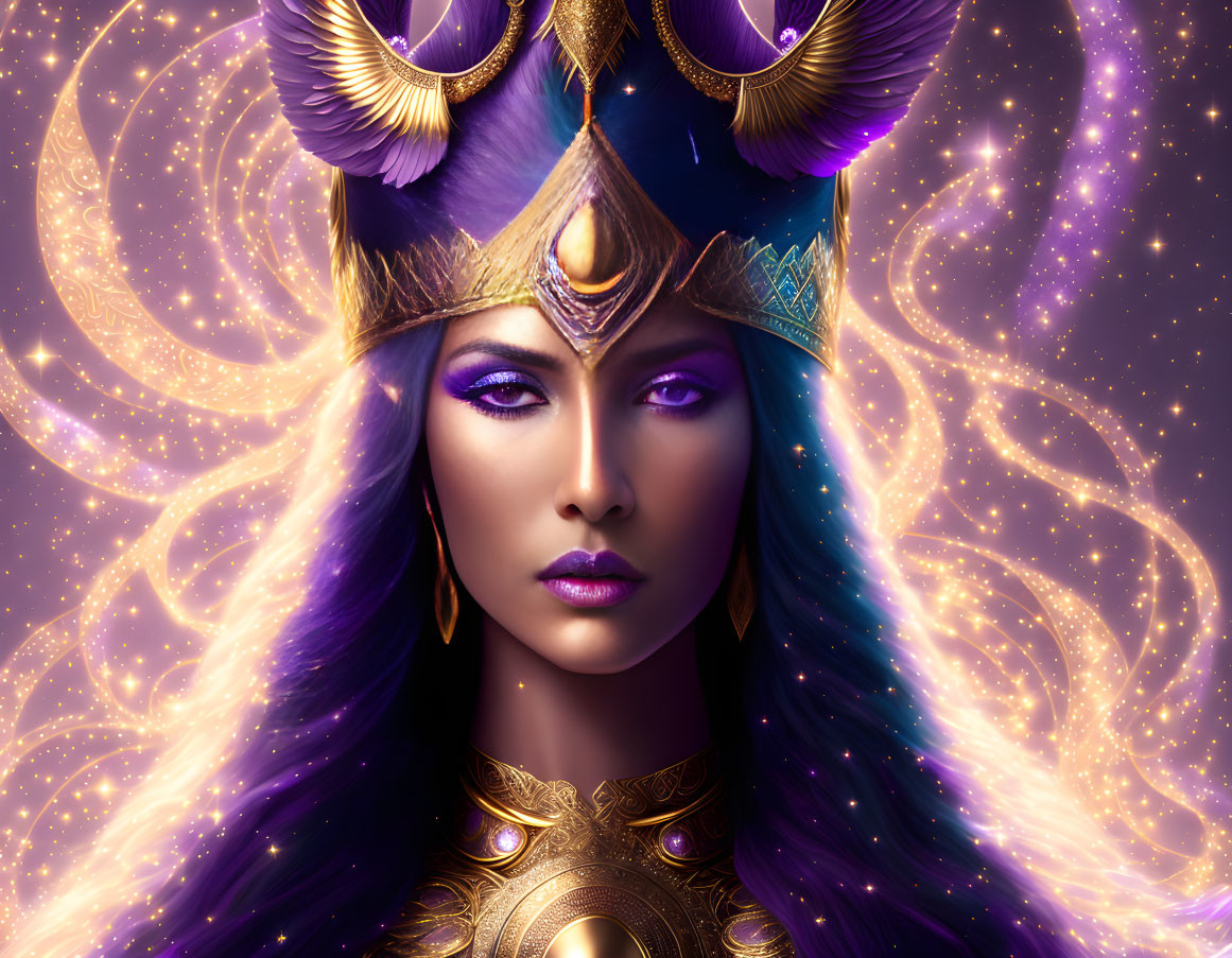 Purple-skinned woman in golden headdress, cosmic backdrop with swirling patterns