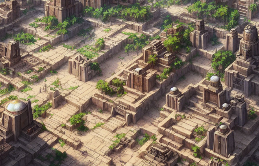 Ancient City Stone Structures and Ruins Overgrown with Greenery