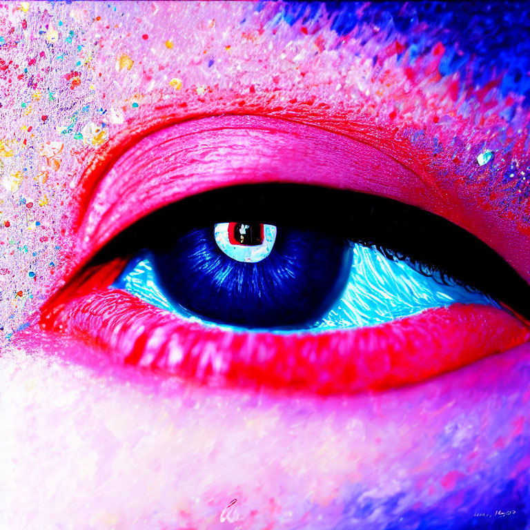 Vibrant pink and blue glitter eye makeup close-up