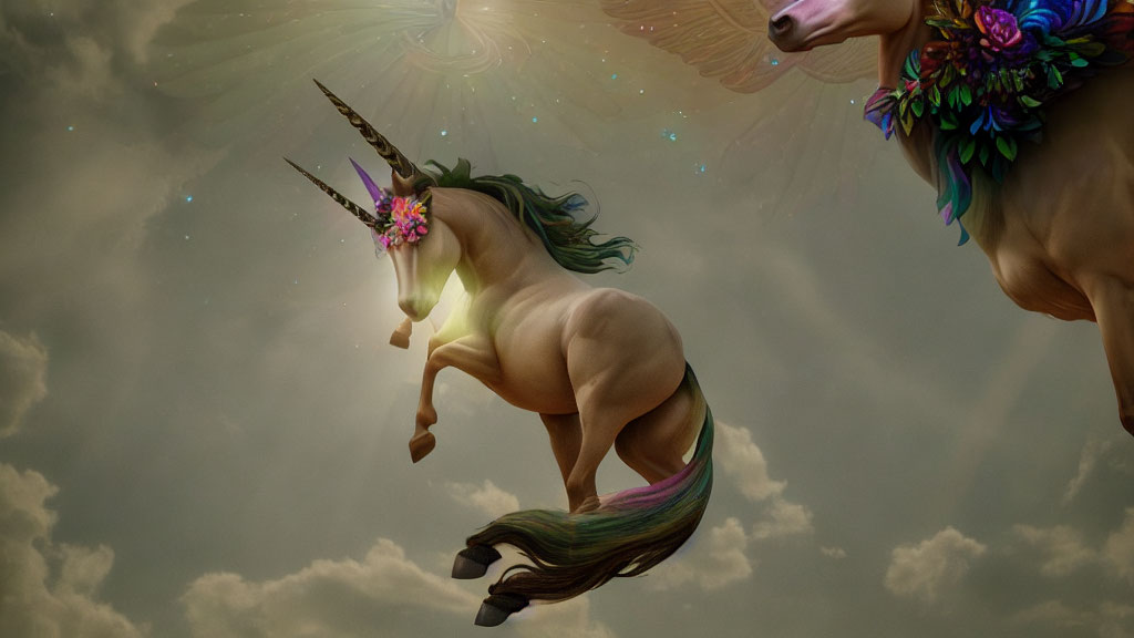 Majestic unicorns with vibrant manes in cloudy sky