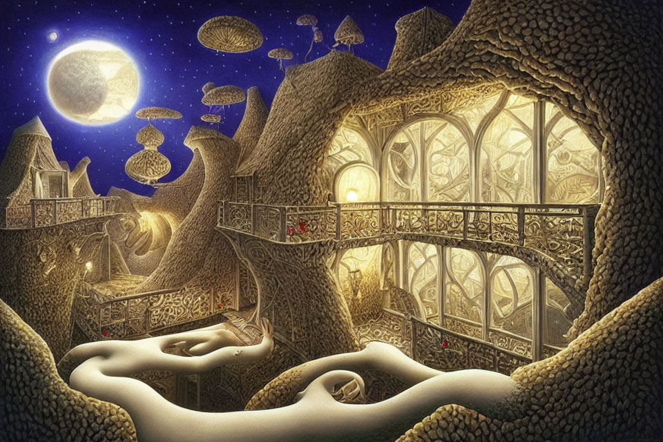 Fantastical treehouse with ornate windows in moonlit sky