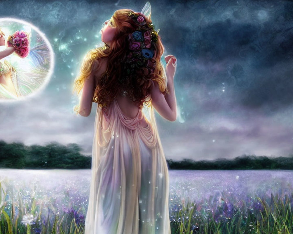 Ethereal woman with wings in flower field under starry sky