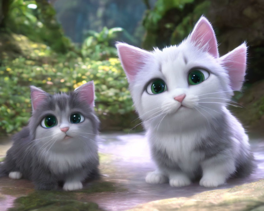 Fluffy kittens with expressive eyes in forest clearing