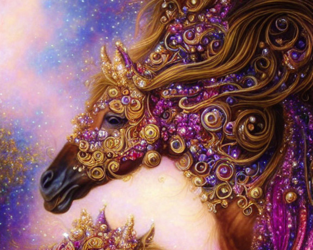 Stylized ornate horses with jeweled adornments on vibrant cosmic background