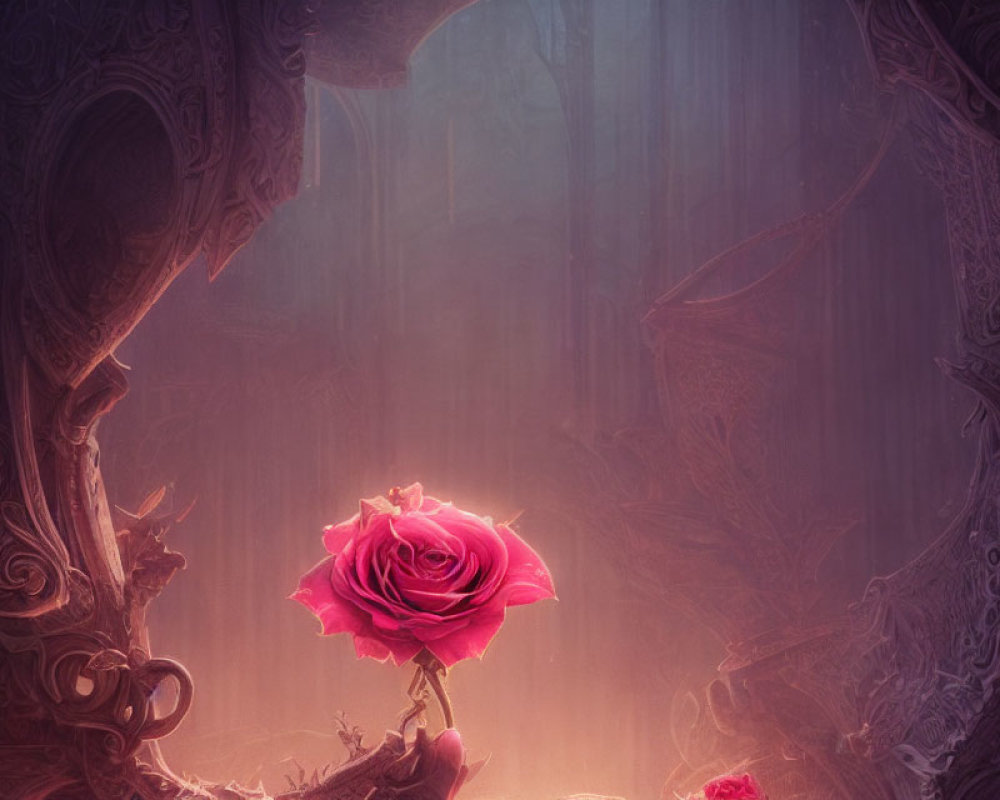 Glowing pink rose in mystical forest with shadowy trees