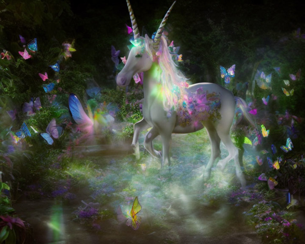 Glowing unicorn with magical horn in mystical forest