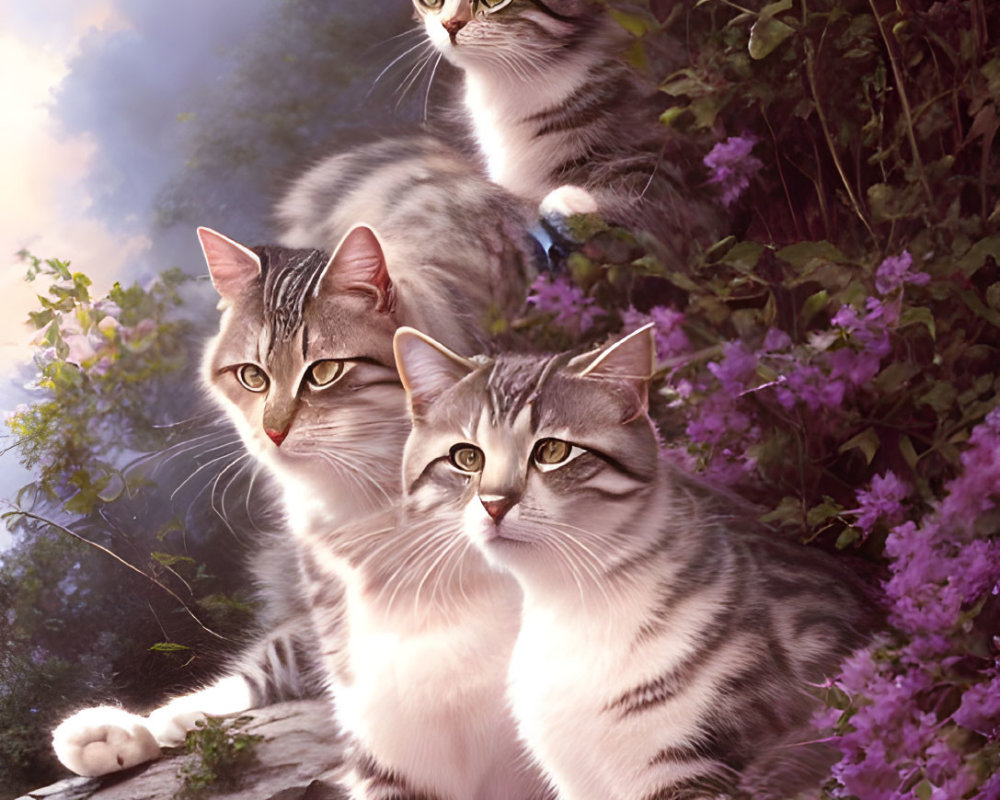 Three Striped Cats Surrounded by Purple Flowers on Stump