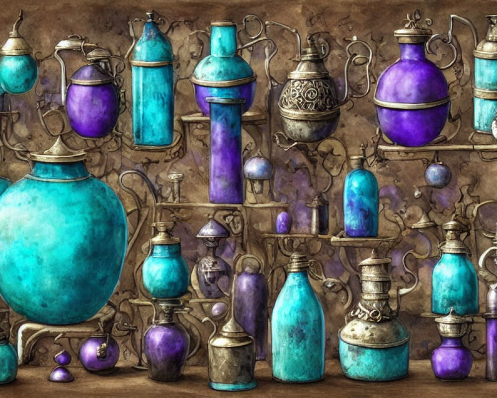 Antique Teal and Purple Vases, Jars, and Bottles on Wooden Shelf