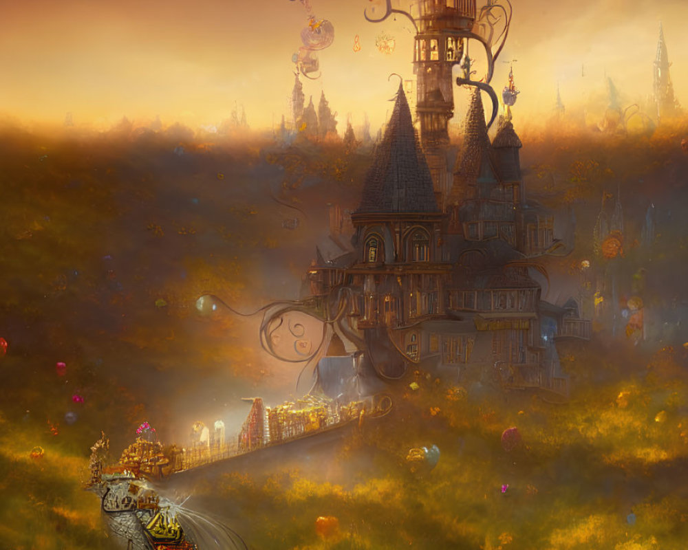 Fantasy landscape painting with ornate towers and vintage train at dusk