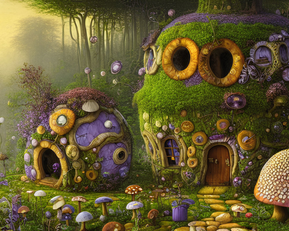 Whimsical fantasy forest with moss-covered houses and vibrant flowers