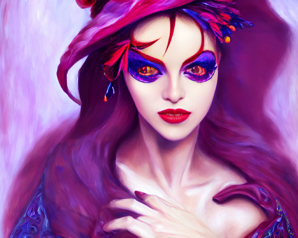 Woman with Vibrant Purple Makeup and Feathers in Mysterious Masquerade Look