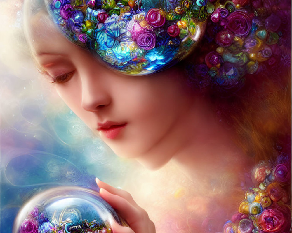 Surreal portrait of woman with pastel flowers and orbs in dreamy setting