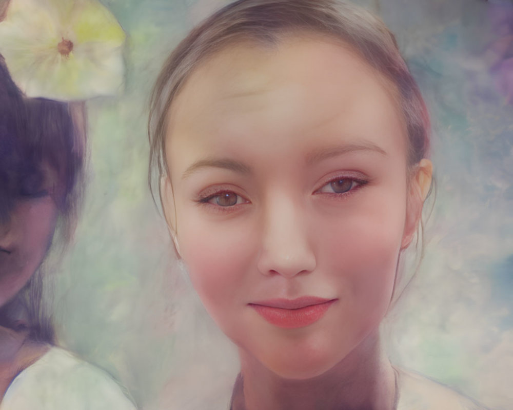 Serene young woman portrait with soft pastel floral surroundings