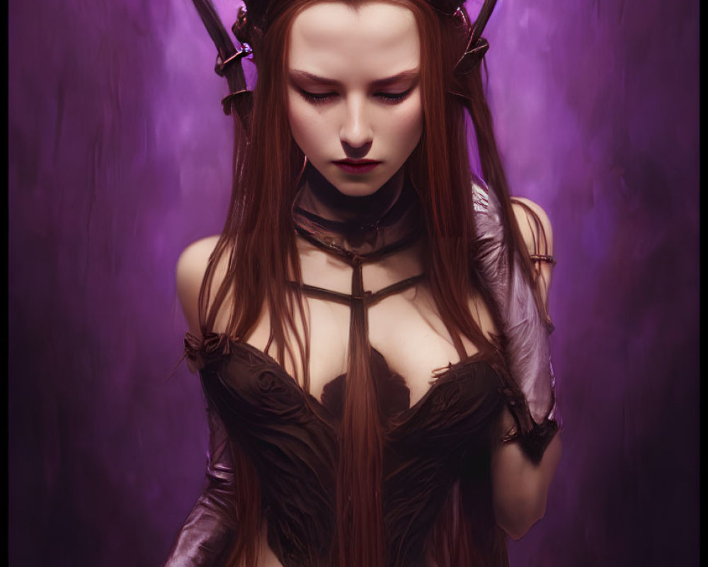 Long-haired woman in dark fantasy attire with horns and choker on purple backdrop