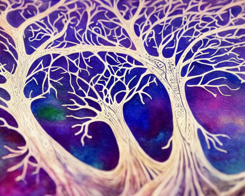 Colorful Watercolor Painting of Stylized Tree on Nebula Background