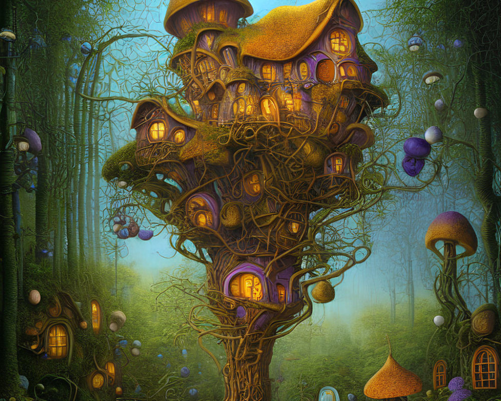 Fantastical treehouse with mushroom structures in mystical forest