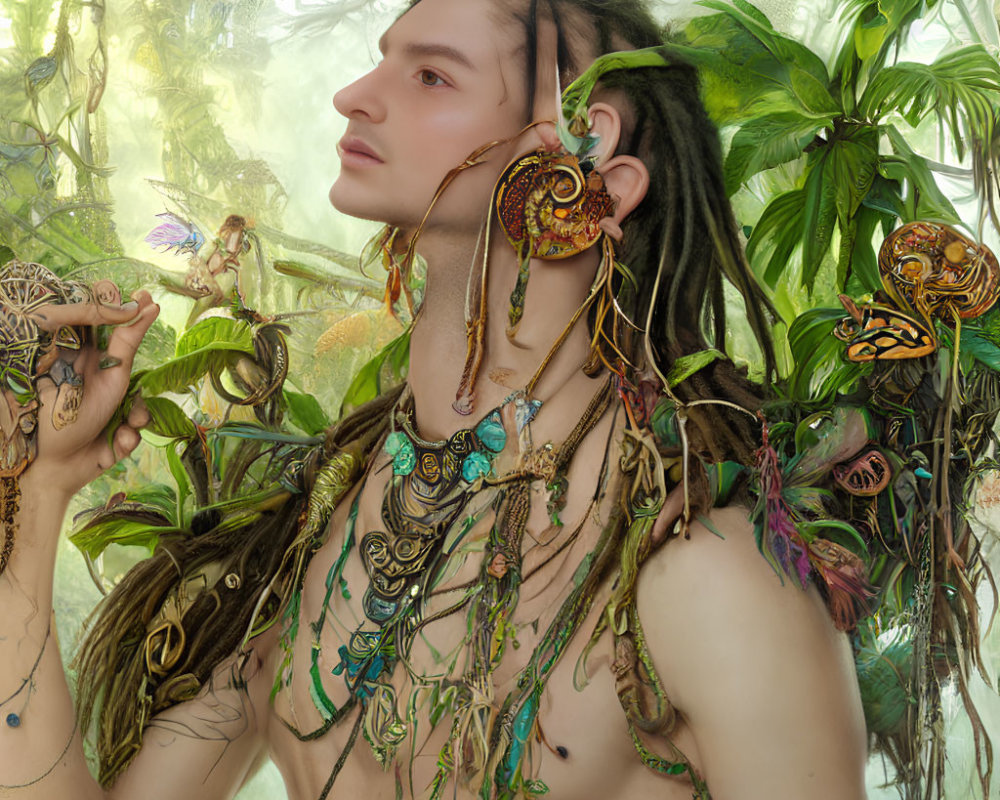 Person with Tribal Jewelry and Dreadlocks in Lush Greenery with Butterflies