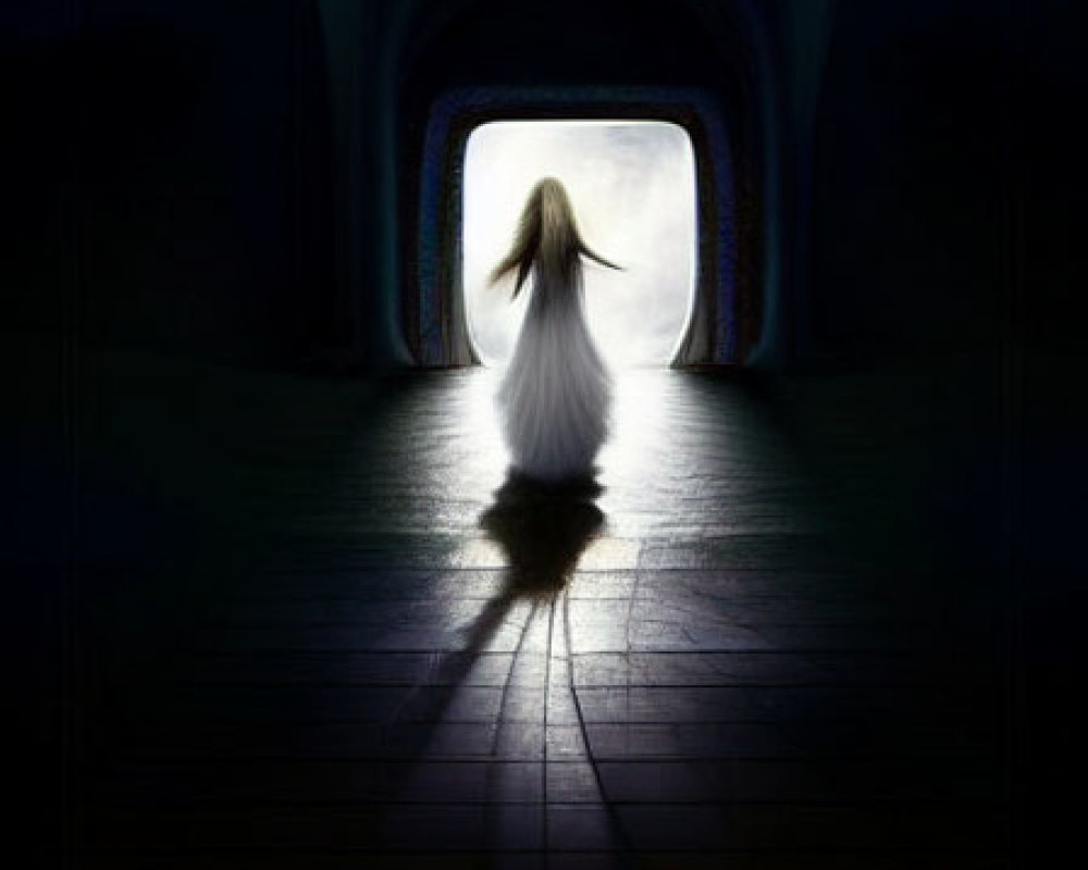 Silhouette of person with long hair in dark corridor facing glowing portal