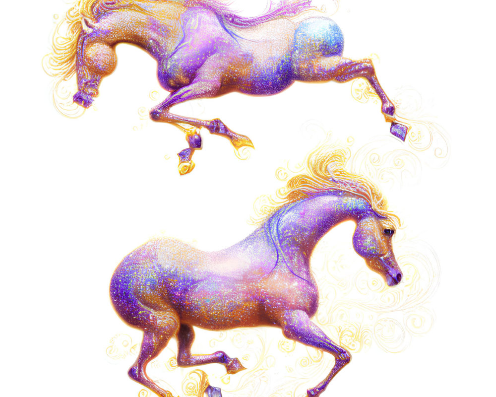 Ethereal horses with flowing manes and ornate patterns gallop gracefully