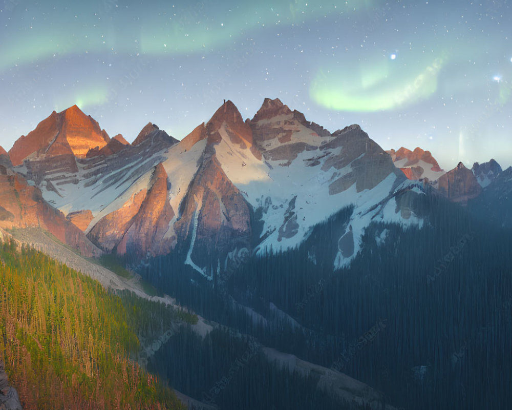 Twilight mountain peaks with Northern Lights above forested valley