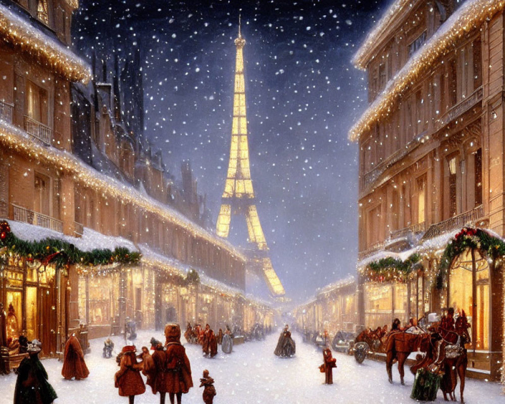 Victorian-themed winter Paris street with Eiffel Tower in snowscape