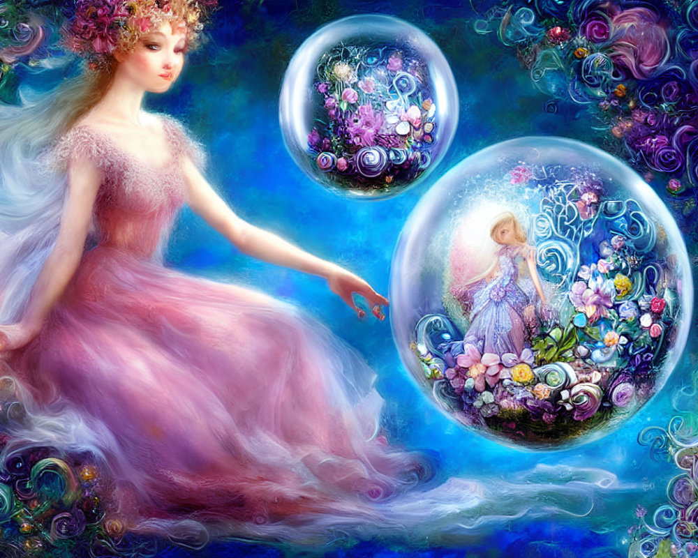 Fantastical artwork of woman in pink dress with floating orbs in vibrant floral background