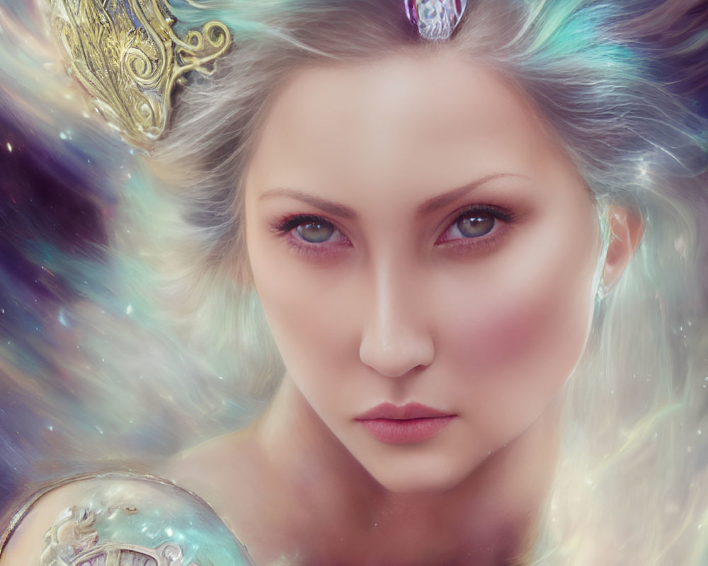 Fantasy digital painting of a radiant woman with multicolored hair and intricate armor