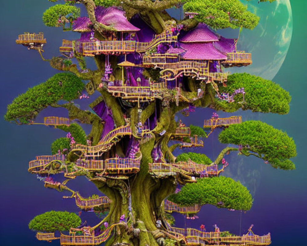 Elaborate treehouse in ancient tree with large moon backdrop