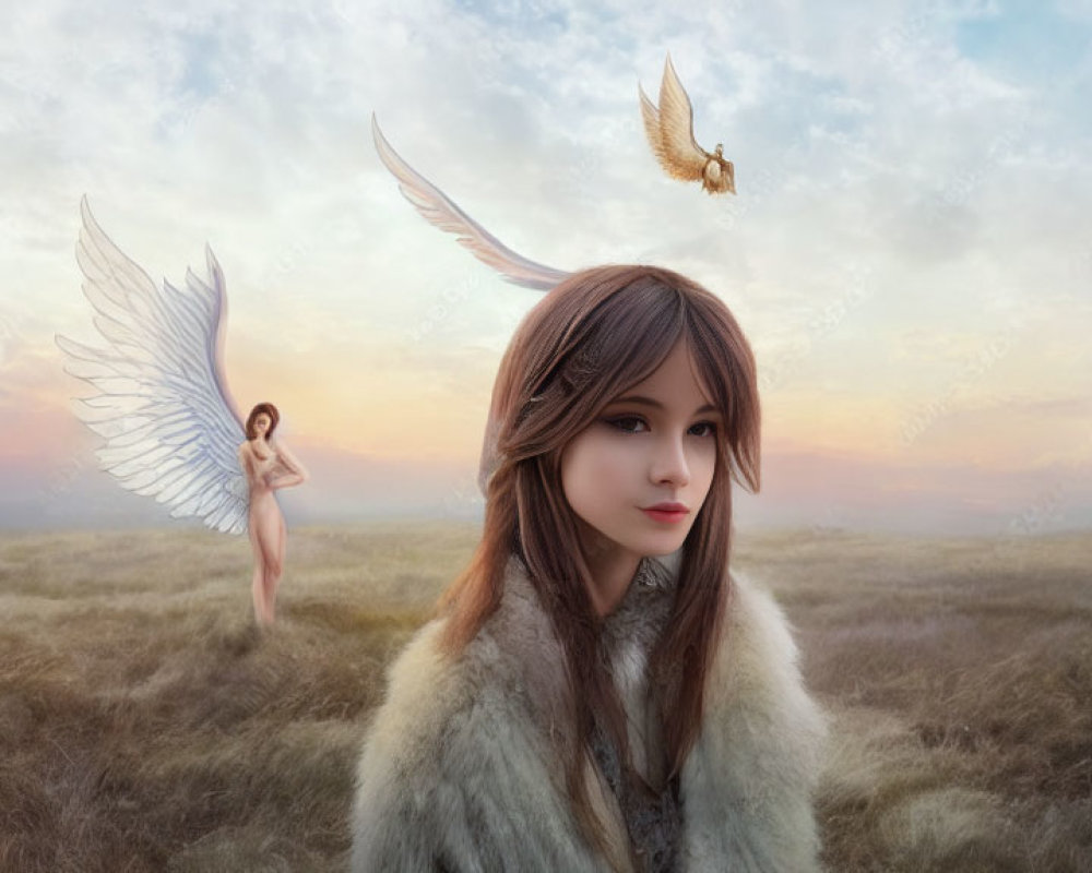 Fantasy scene with woman in fur coat, winged figure, and bird in flight.