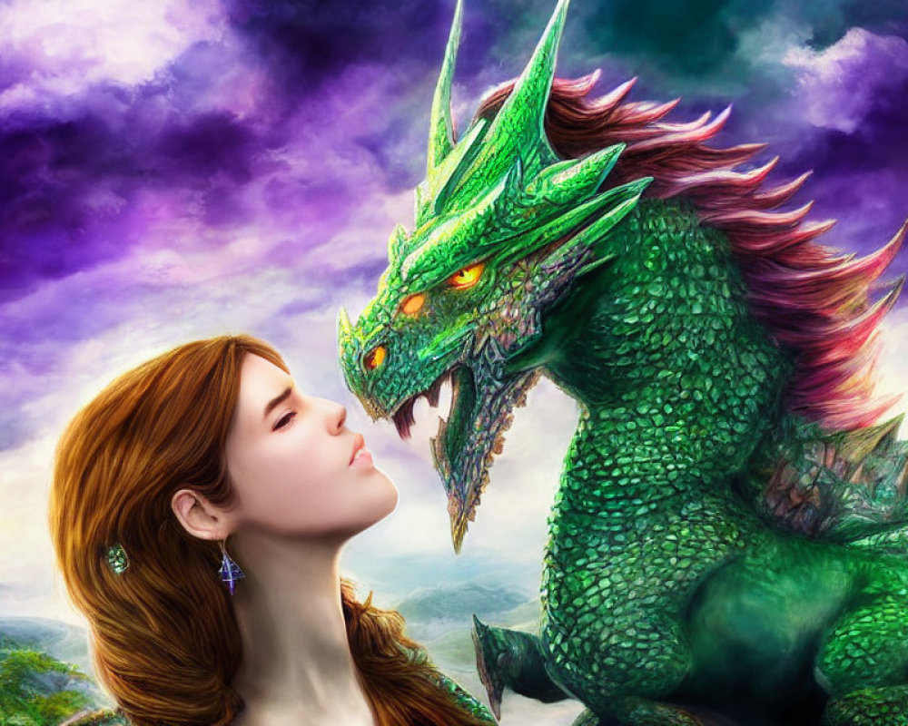 Red-haired woman peacefully faces green dragon in vibrant fantasy setting